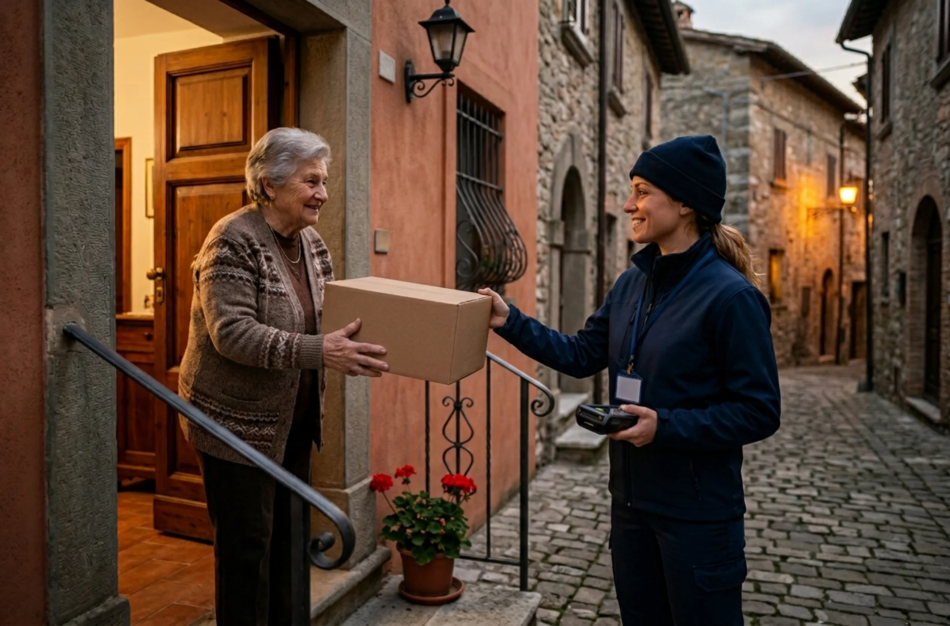 corriere e anziana pacco